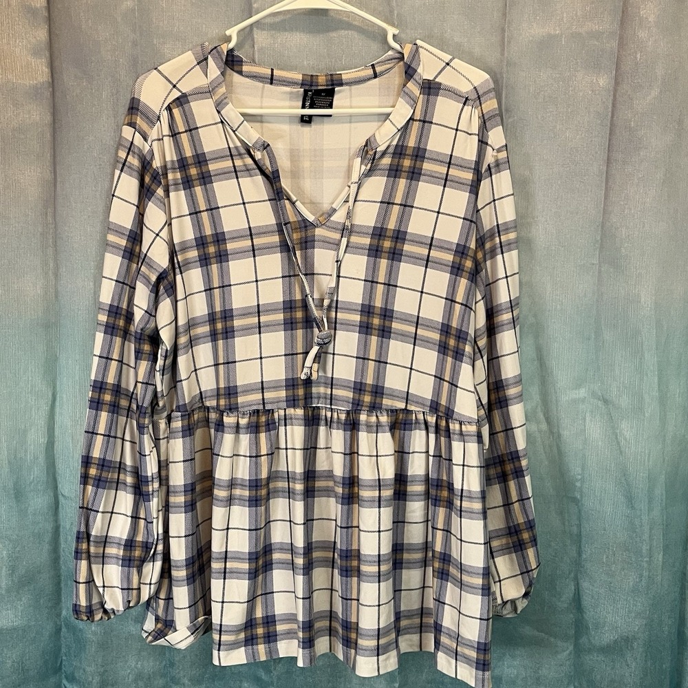 Kristin Nicole Blue Plaid Babydoll 1X Top Blouse Tunic String Tie Elastic Cuffs